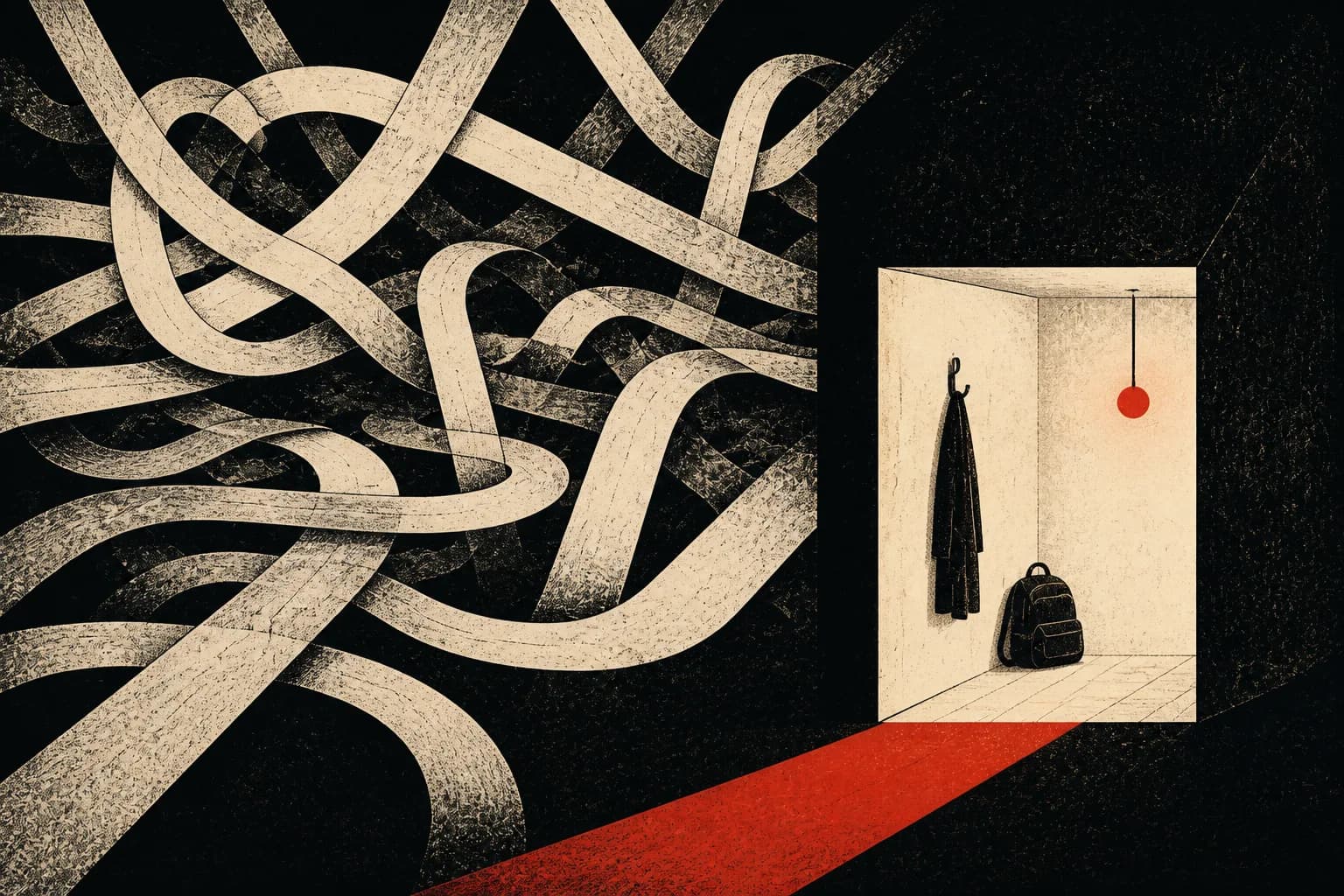 A tiny focused room separated from a tangled maze of household messages