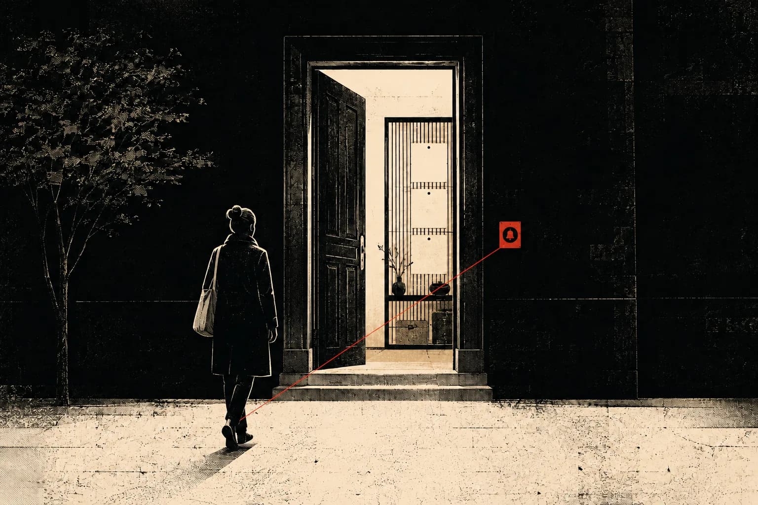 One red bell marks a spare public doorway while blank contact cards remain protected behind its threshold