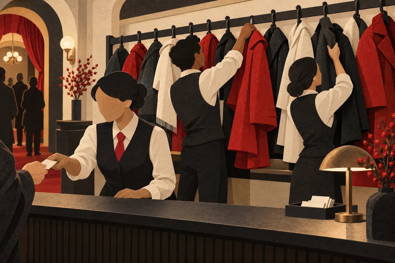 Three coat-check attendants taking a ticket and reaching for red, ivory, and charcoal coats in a cut-paper illustration.
