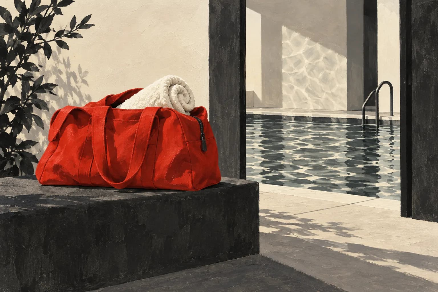 A red sports bag and rolled ivory towel beside a pool entrance, with charcoal water reflections.
