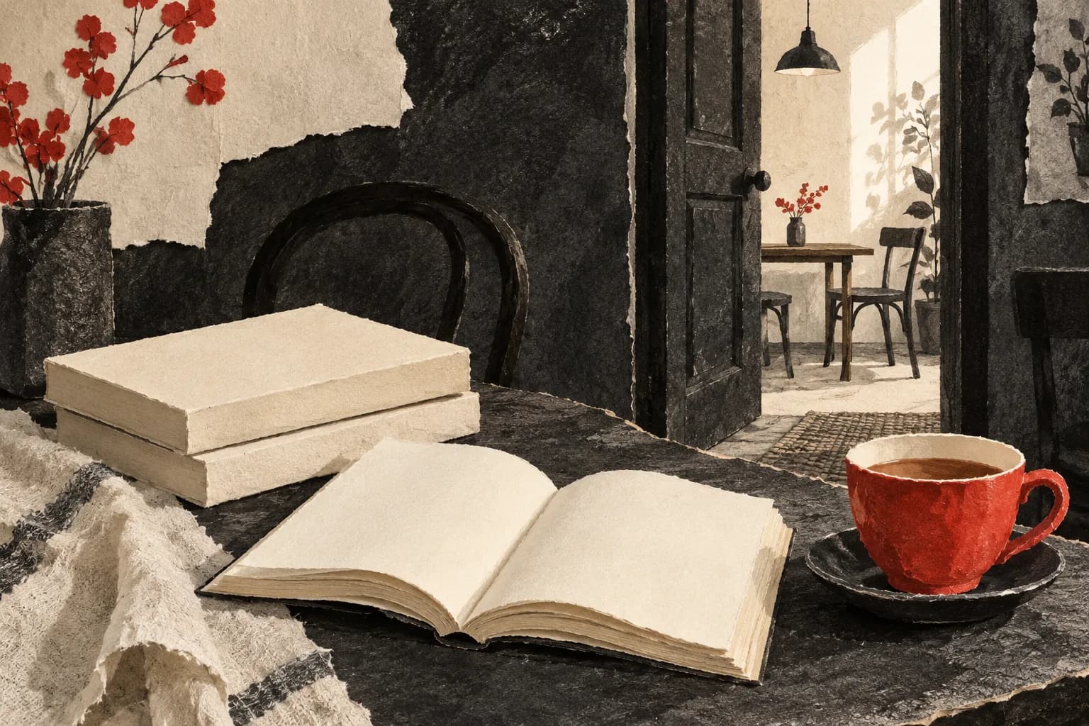 Ivory books and a red teacup beside an open charcoal doorway in a textured collage
