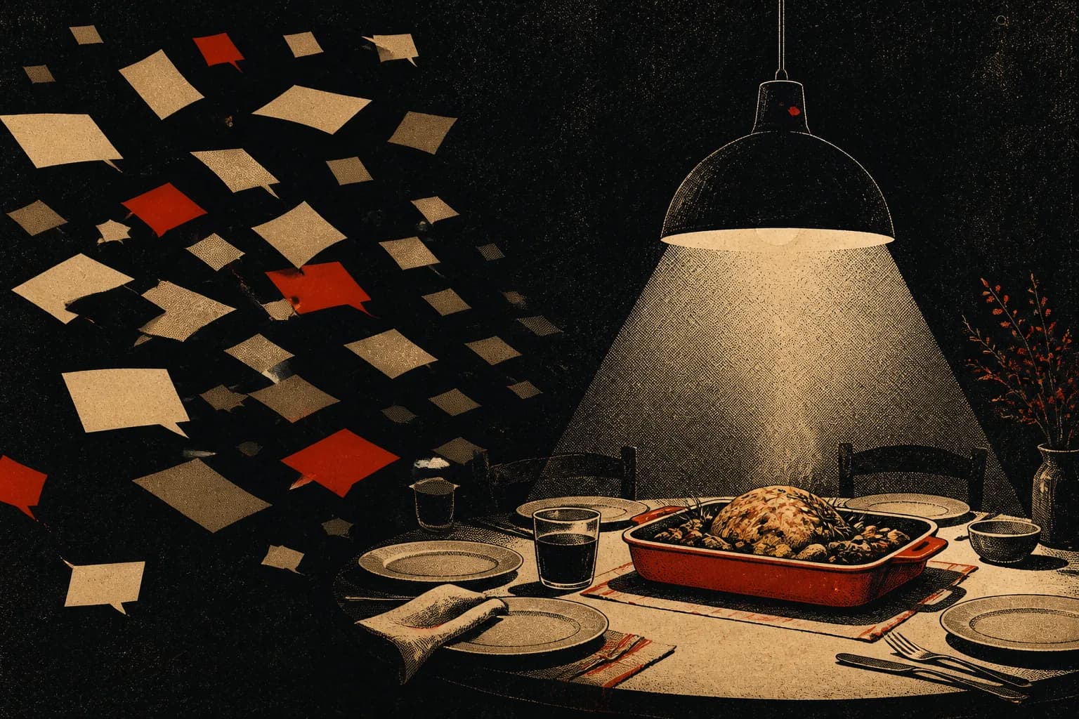 A family dinner table surrounded by slips of unread chat messages