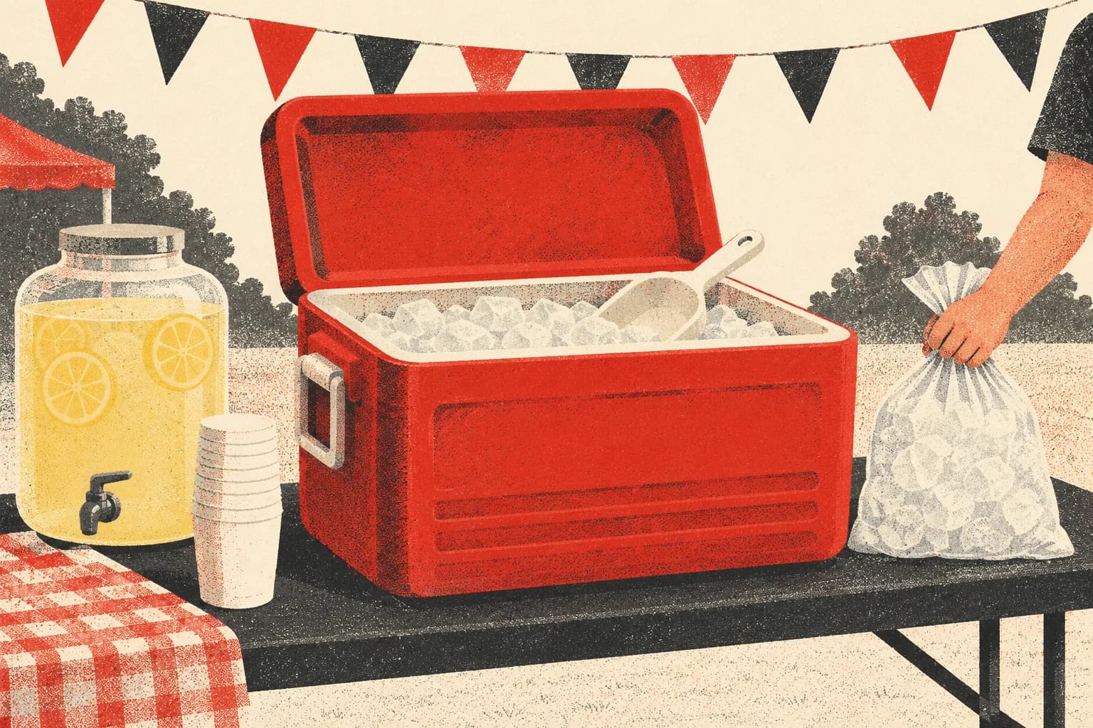 A red cooler, an ivory scoop, and a bag of ice on a charcoal-and-cream school fair drinks table.