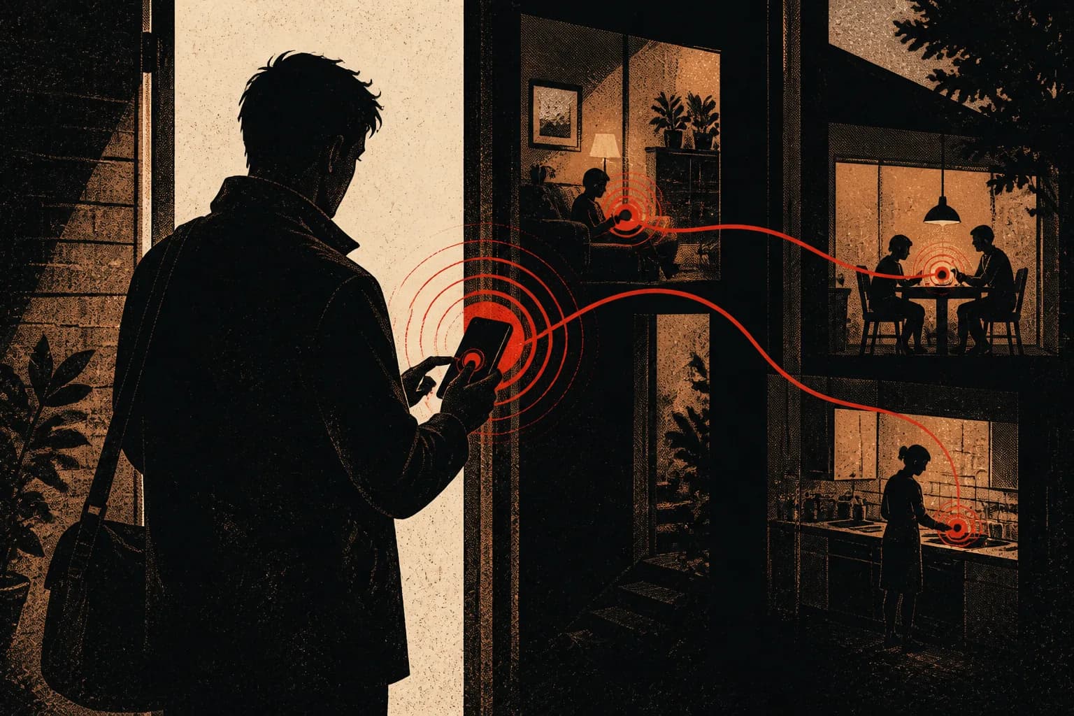 A person crossing a home threshold as one red signal travels outward