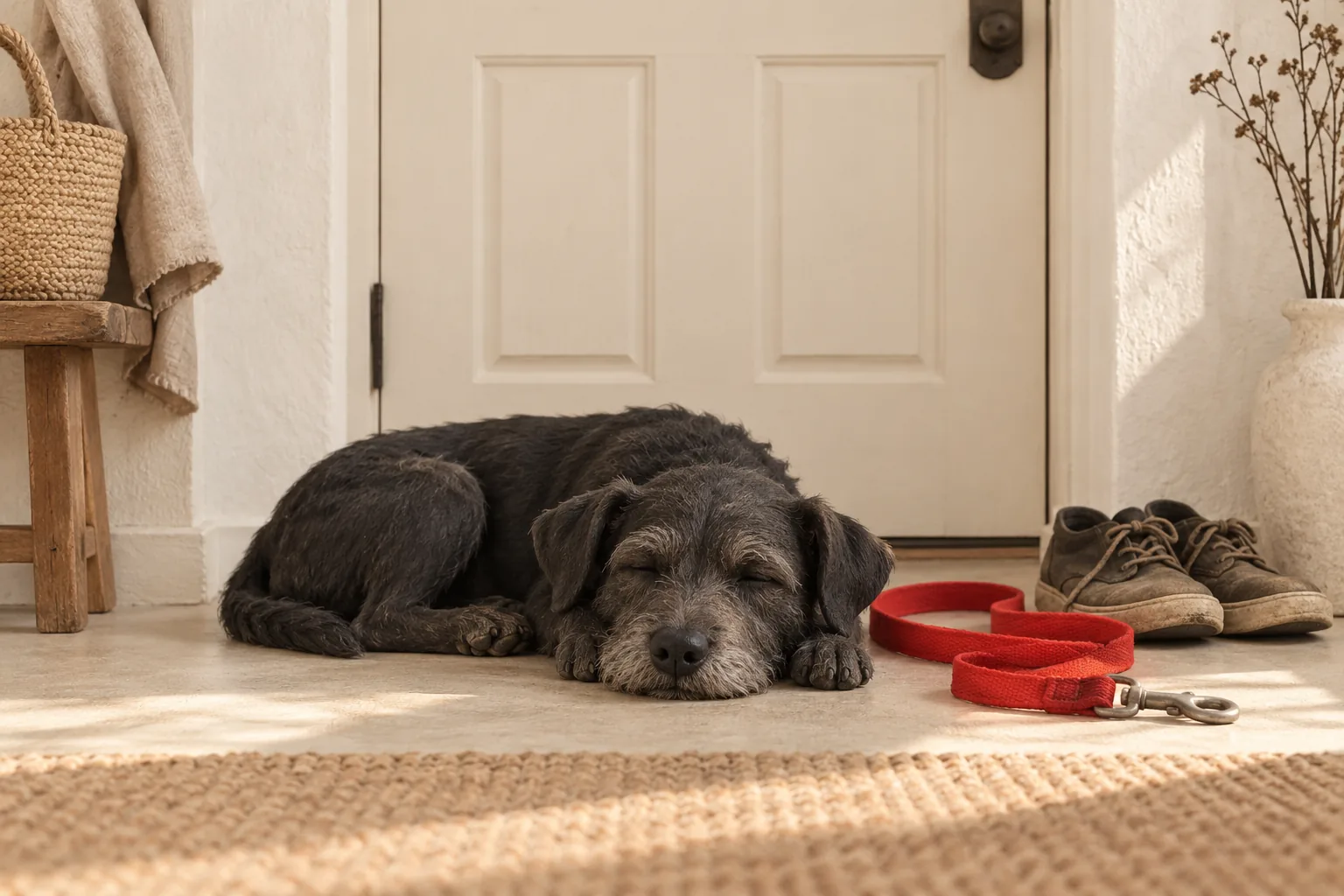 A charcoal dog beside a pair of shoes and a loosely coiled red lead by the front door.