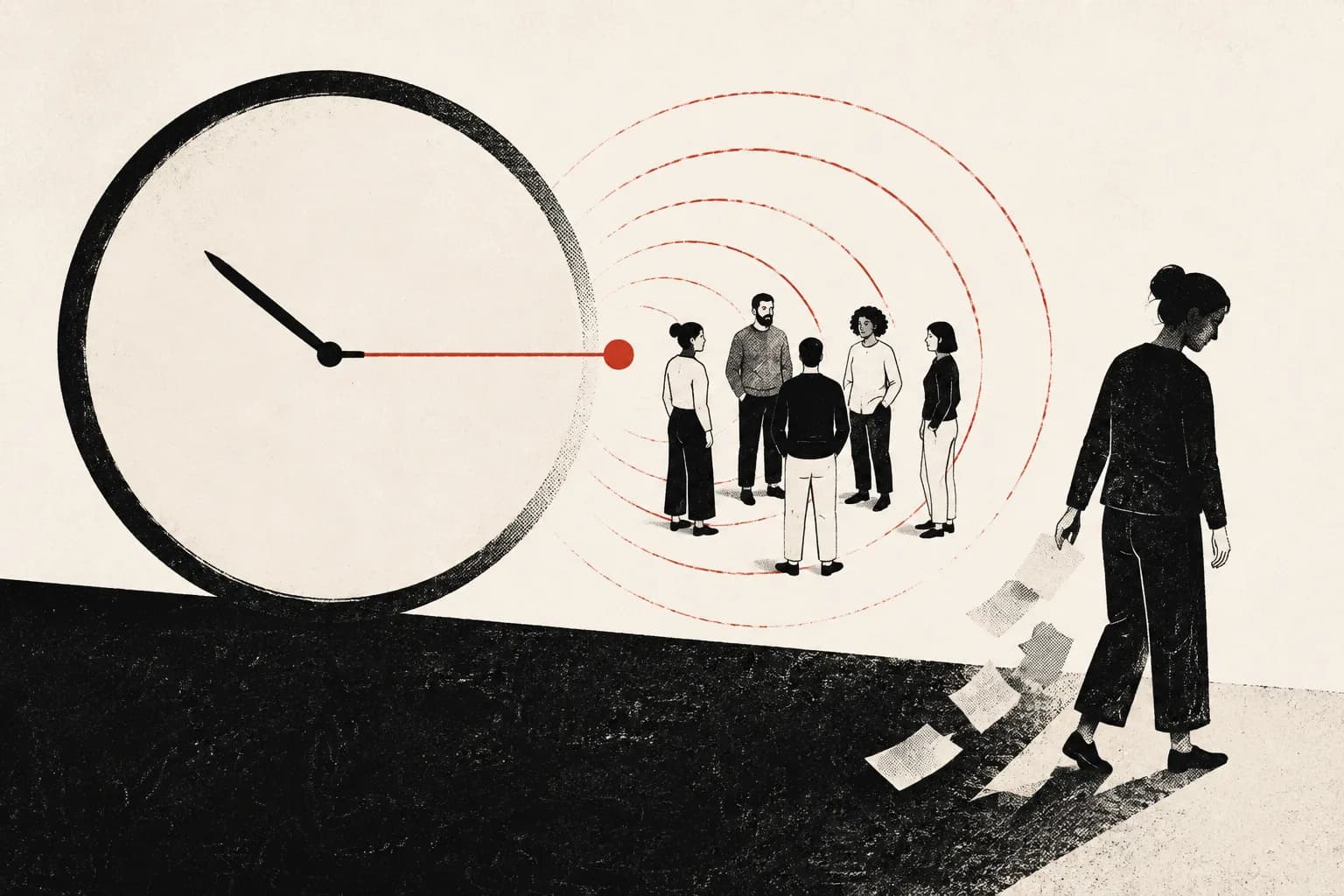 An ivory clock releases one red signal into a shared room as reminder notes fall away