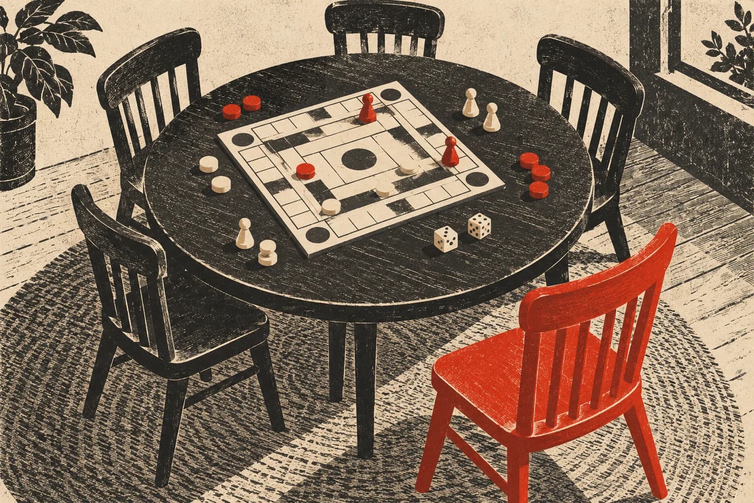 A red empty chair at a charcoal game table set with playing pieces on ivory paper