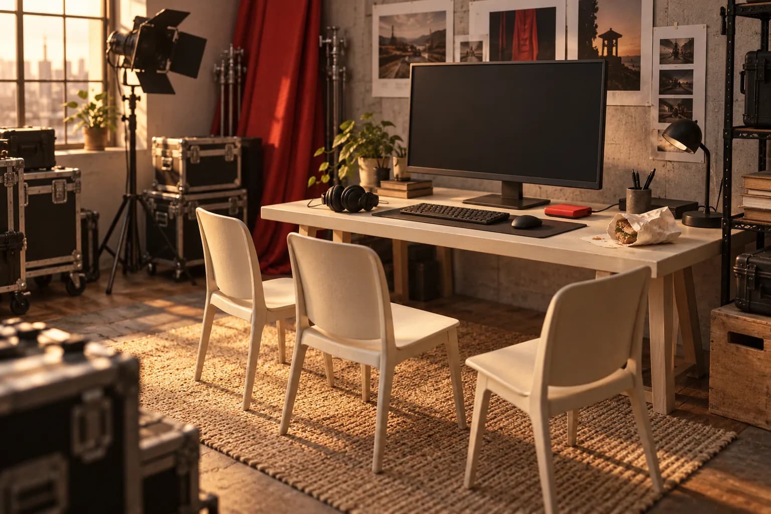 Three ivory chairs gathered at an editing desk with a dark monitor, headphones, and a small red drive.