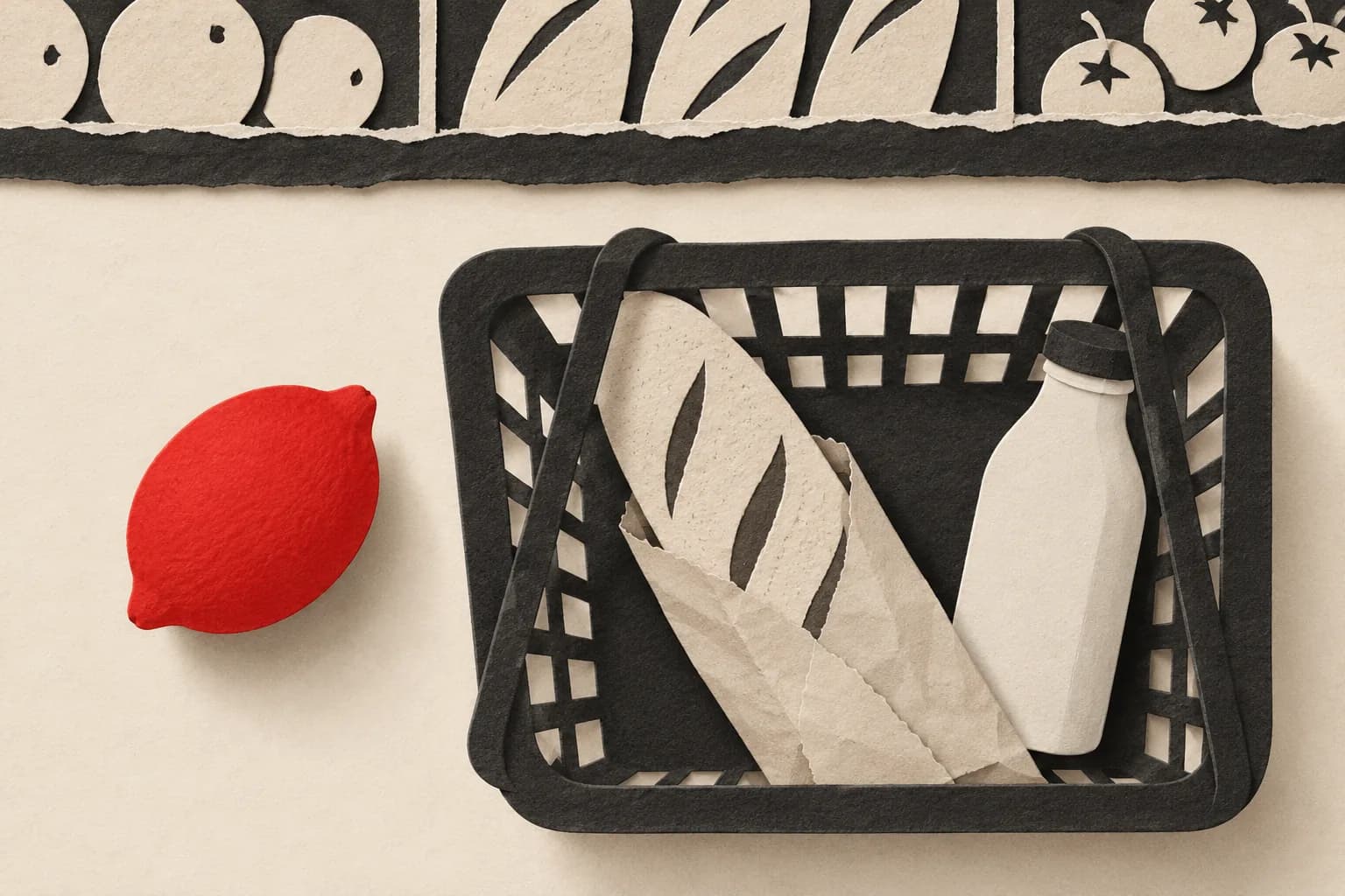 A red paper lemon beside a charcoal grocery basket holding bread and an unlabeled bottle.