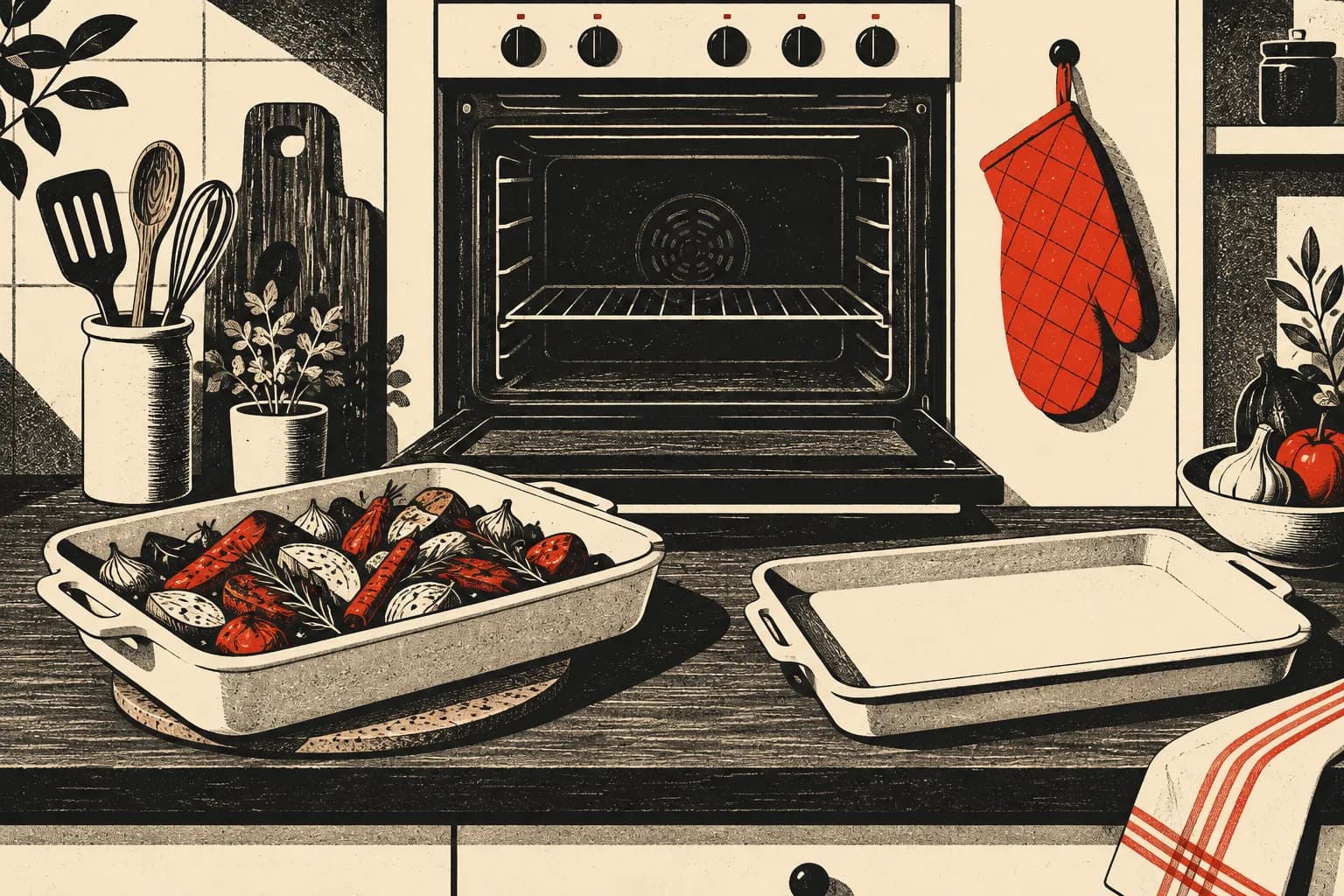 A red oven glove beside an open oven and two ivory roasting trays in a charcoal kitchen.