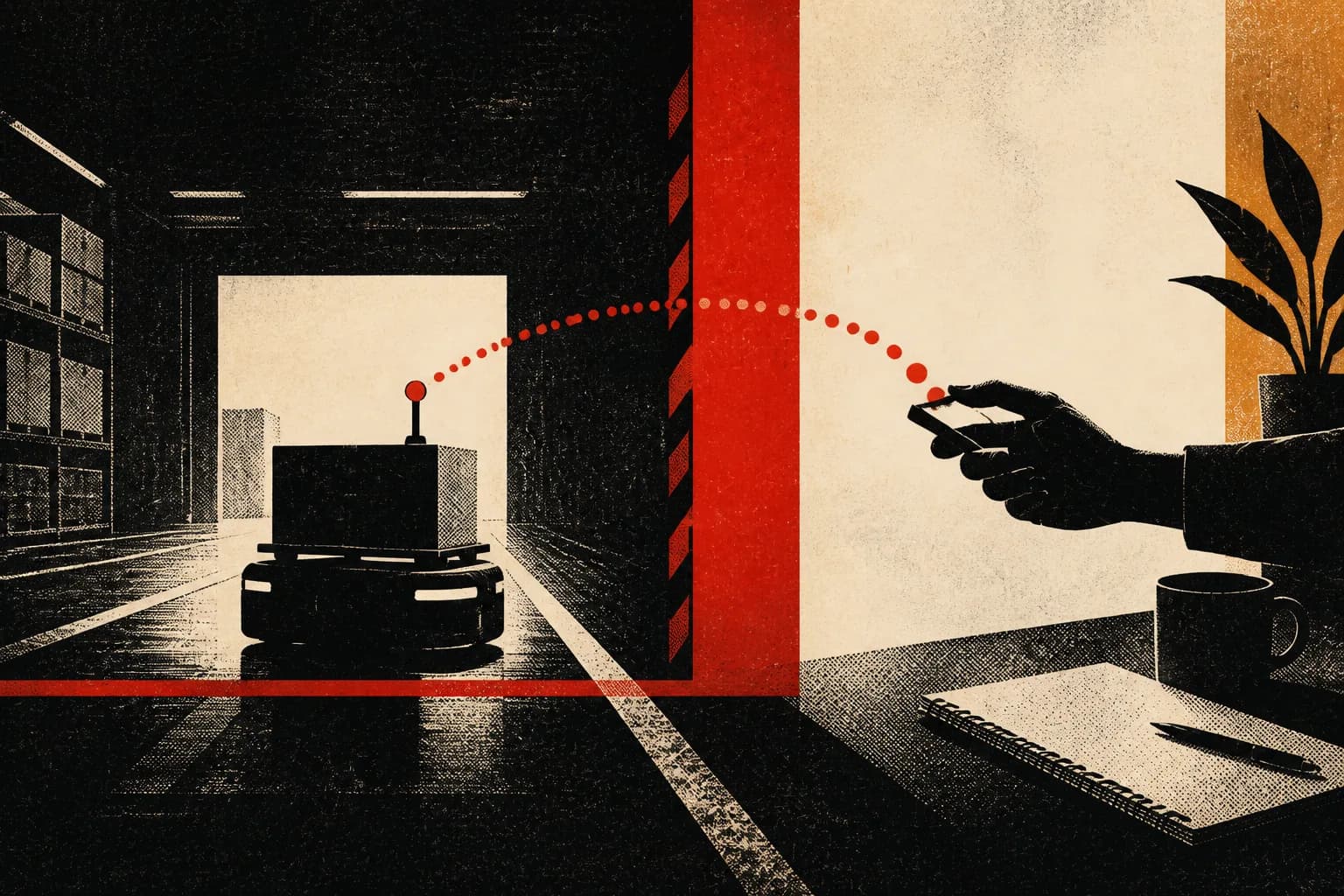 A machine arm stopping at a threshold before a waiting human hand