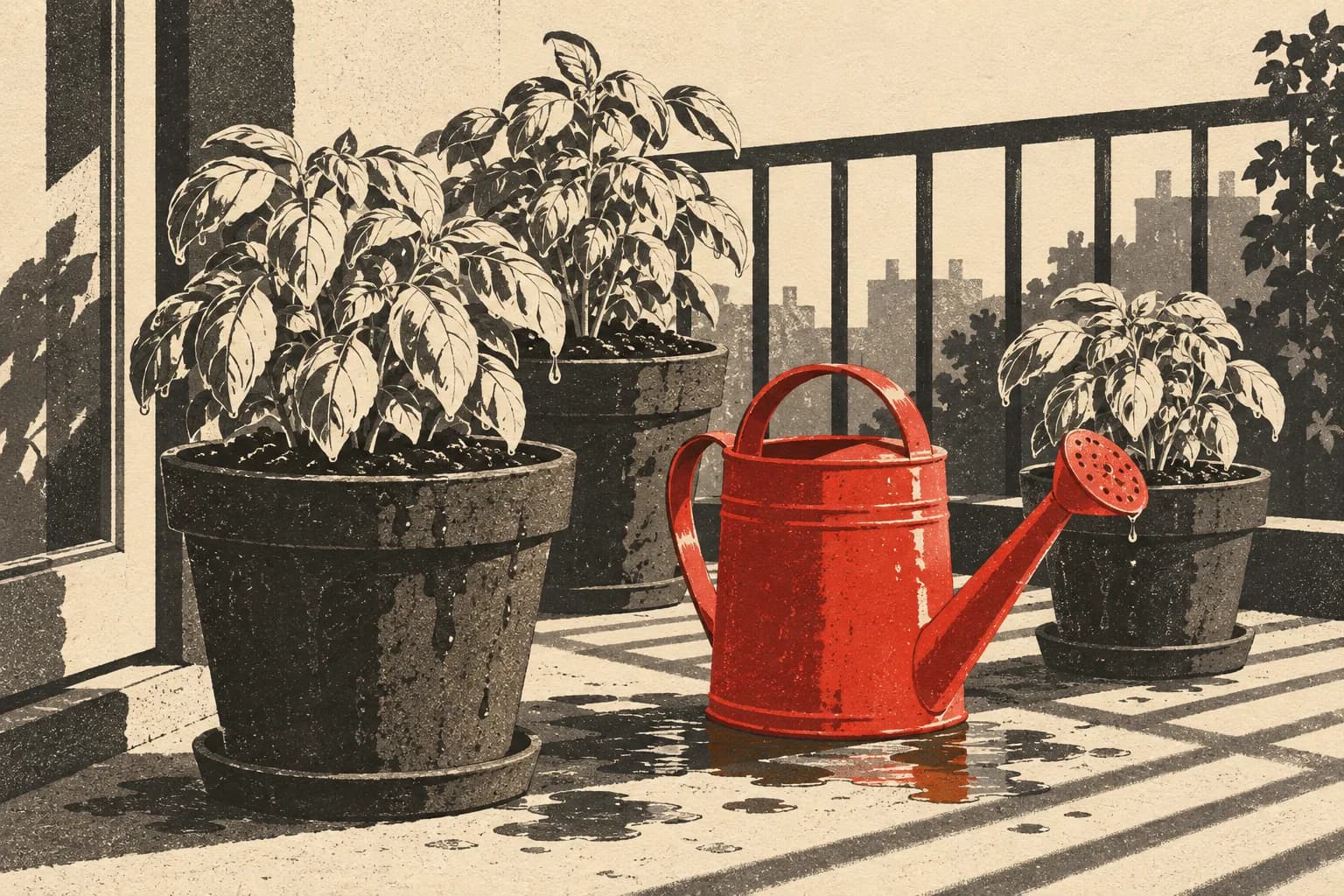 A red watering can among charcoal balcony plants with ivory leaves and damp soil.
