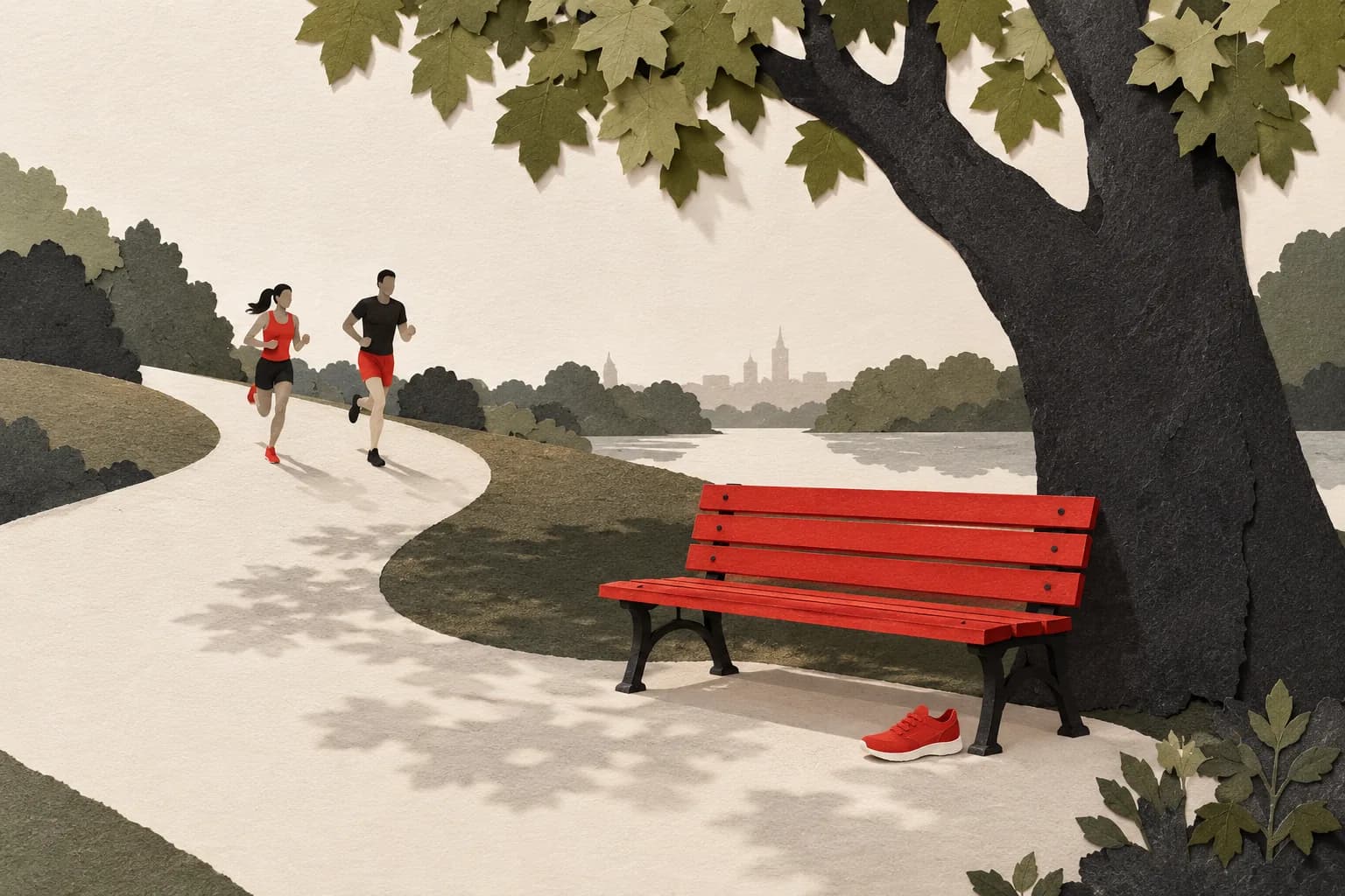 Layered paper runners approaching a red park bench beneath a broad plane tree