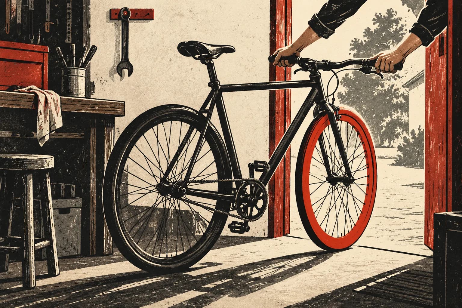A charcoal bicycle with a red wheel beside an open workshop doorway in a grainy linocut scene.
