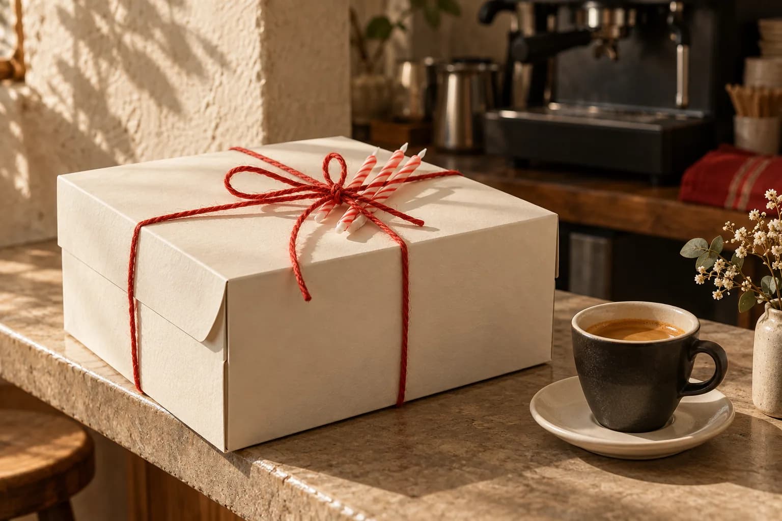 A closed ivory cake box tied with red string on a cafe counter beside a small plate and coffee cup.