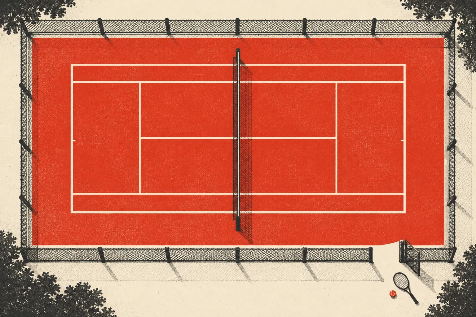 Vermilion tennis court with an open gate, a racket and a ball in a grainy screenprint