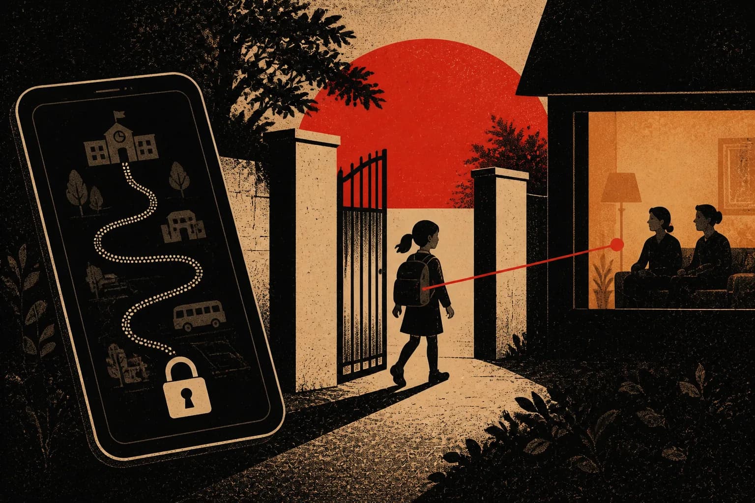 A student crossing a school boundary while one red event leaves the phone and the route stays private