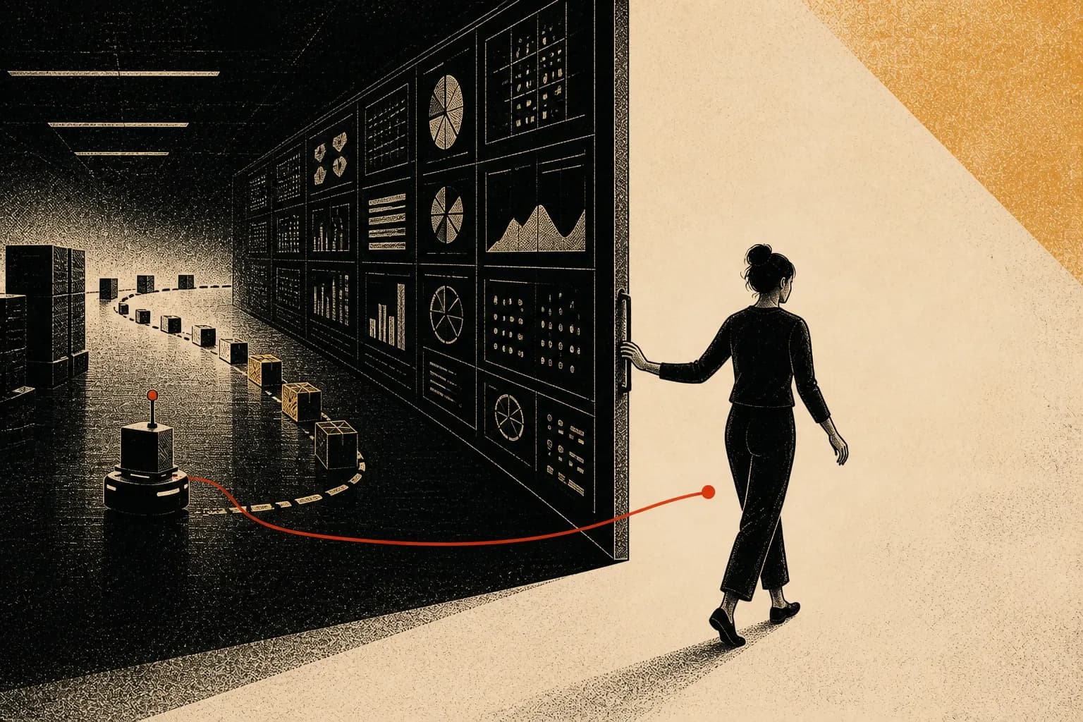A person closing a wall of progress dashboards while one quiet red signal continues to watch the agent's work