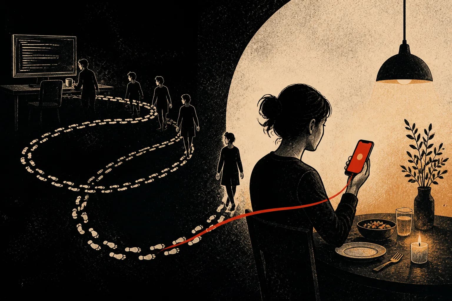 Red footsteps looping between a coding desk and a dinner table as a phone waits nearby