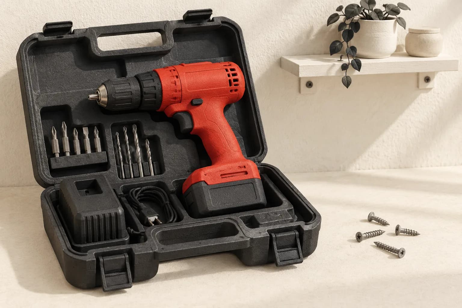 A red cordless drill resting in an open charcoal carrying case beside screws and a small shelf.