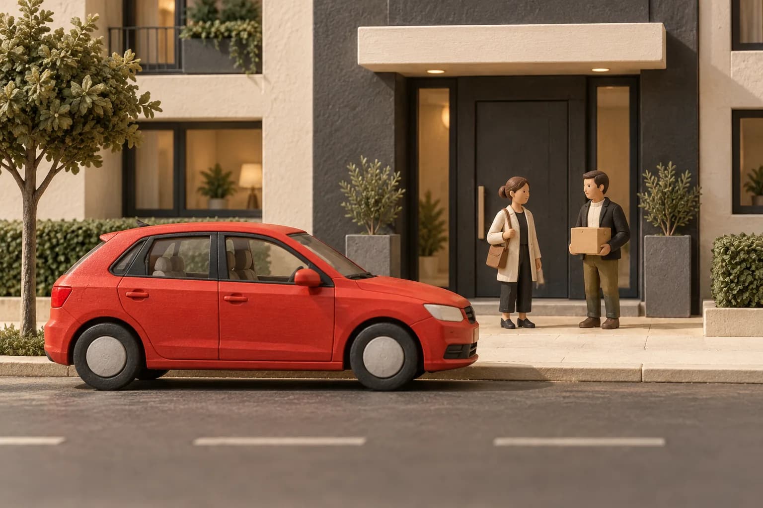 A red car parked outside a charcoal apartment entrance in a tactile miniature streetscape