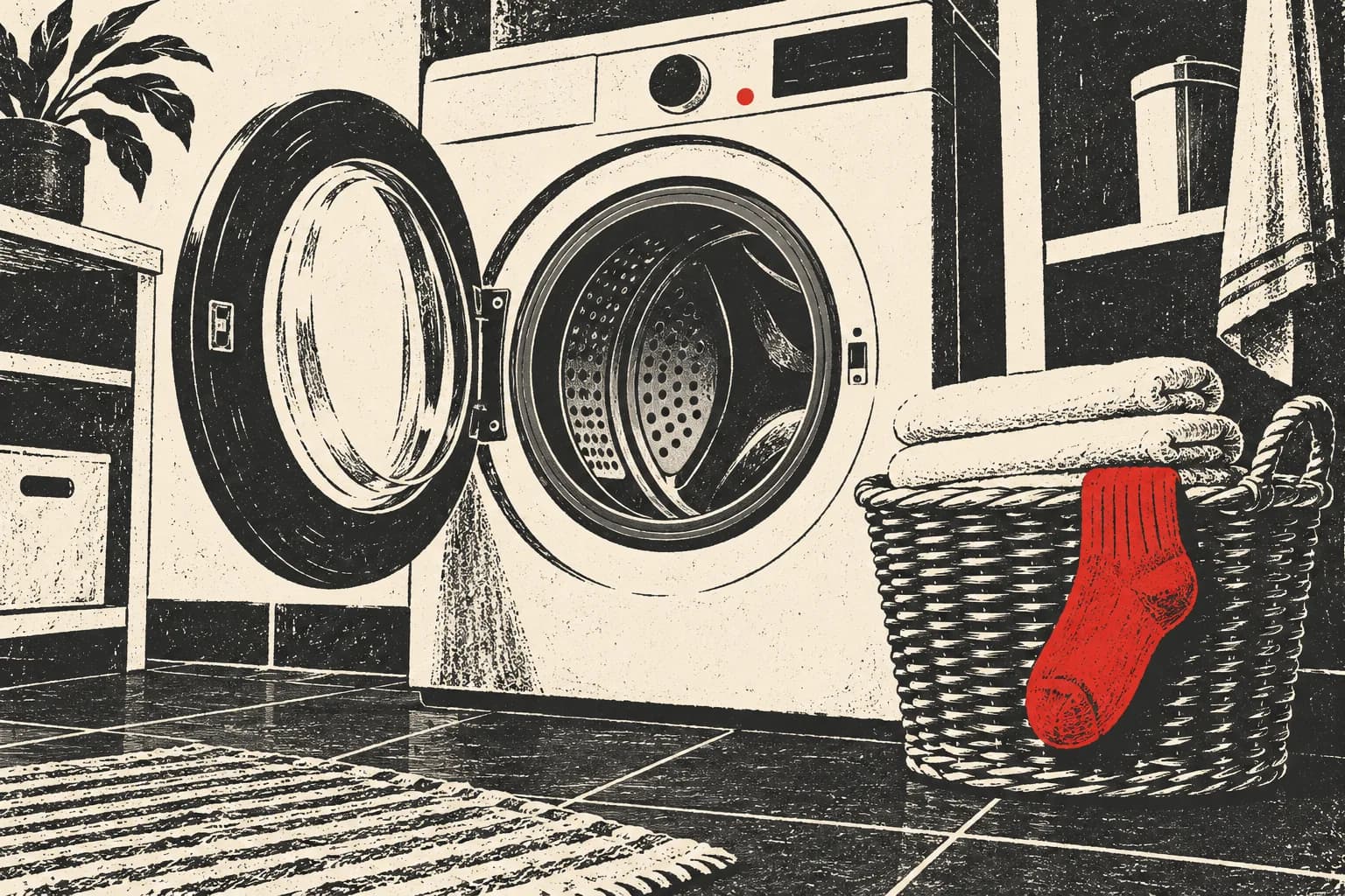An open washing machine beside a basket of towels with a red sock draped over the rim.