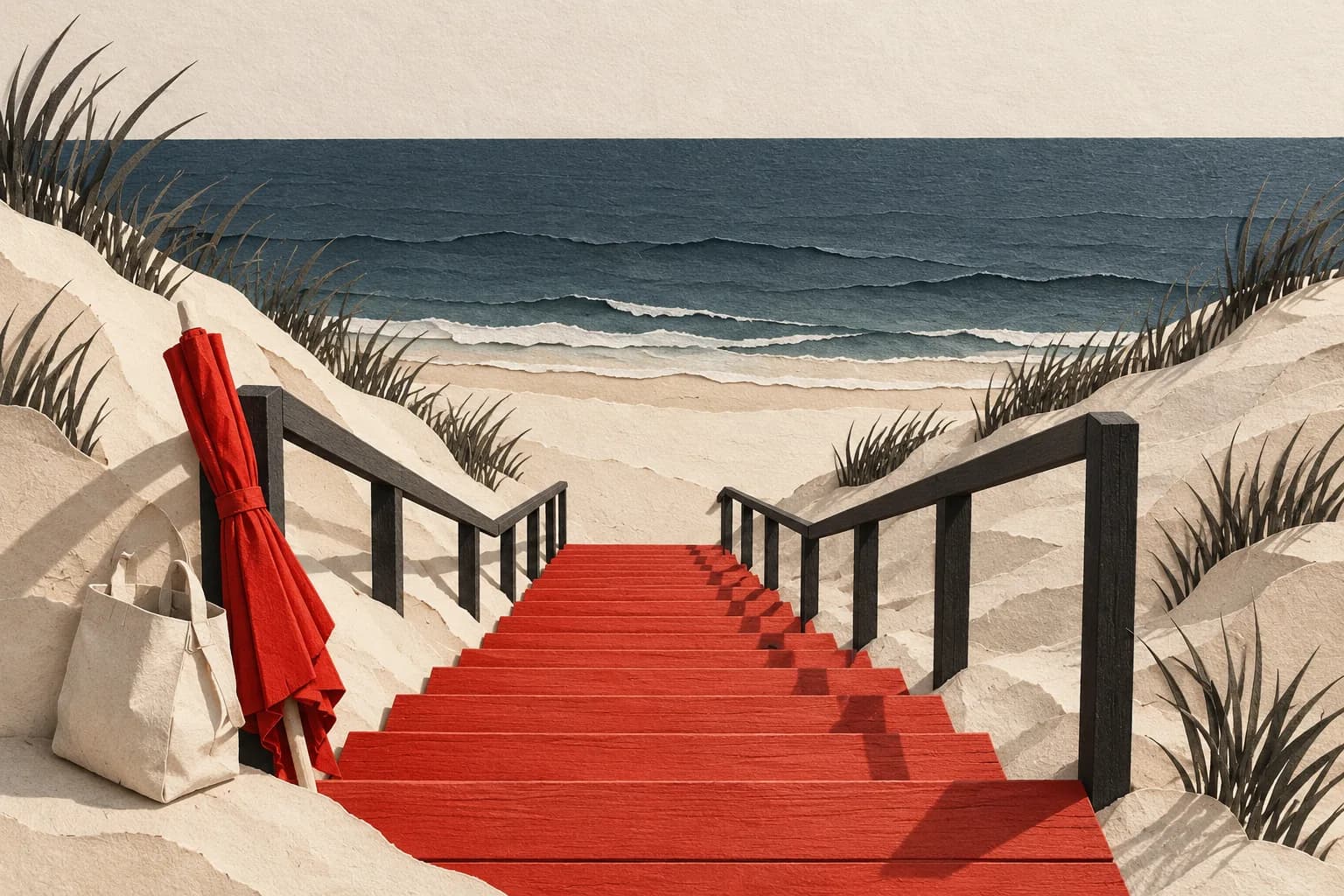 Red steps between ivory dunes leading to the sea in a layered paper landscape