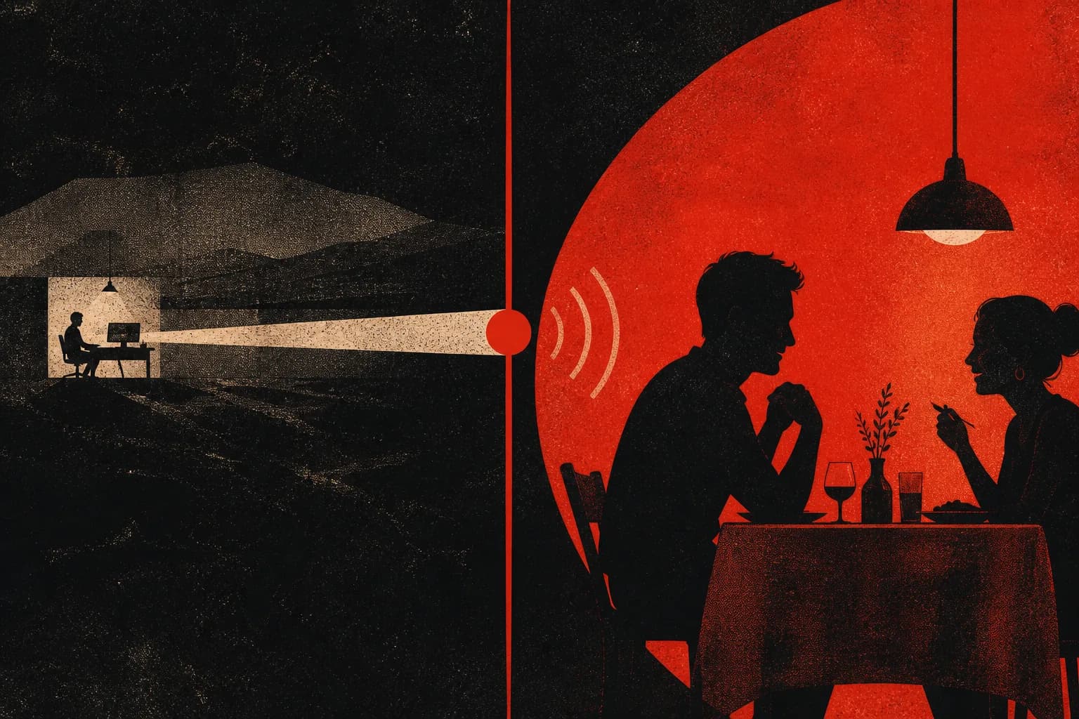 A person at dinner separated from a waiting terminal by a long red path