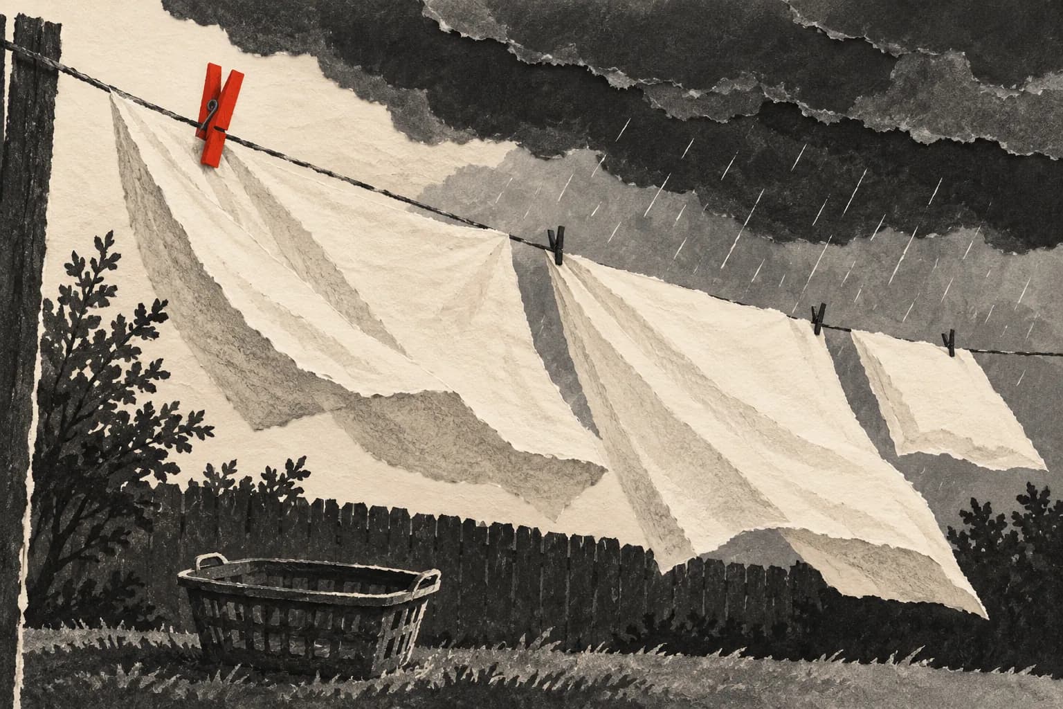 Ivory clothes on a line beneath charcoal rain clouds, with a red peg and basket.