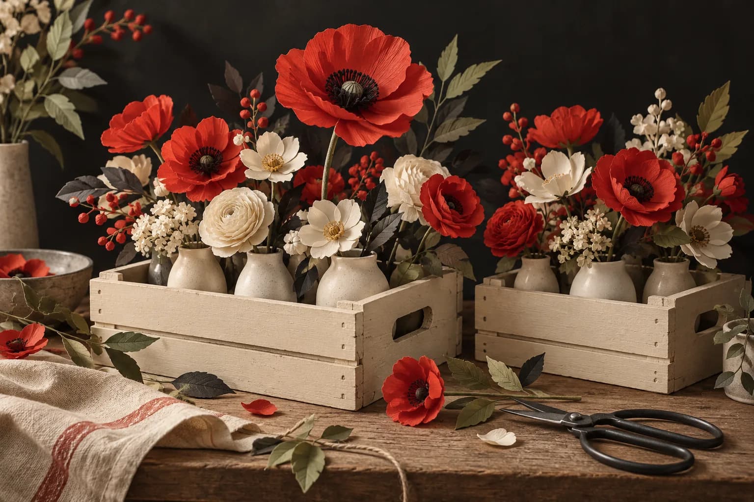 Red and ivory flowers arranged in small vases inside cream carrying crates on a florist worktable.