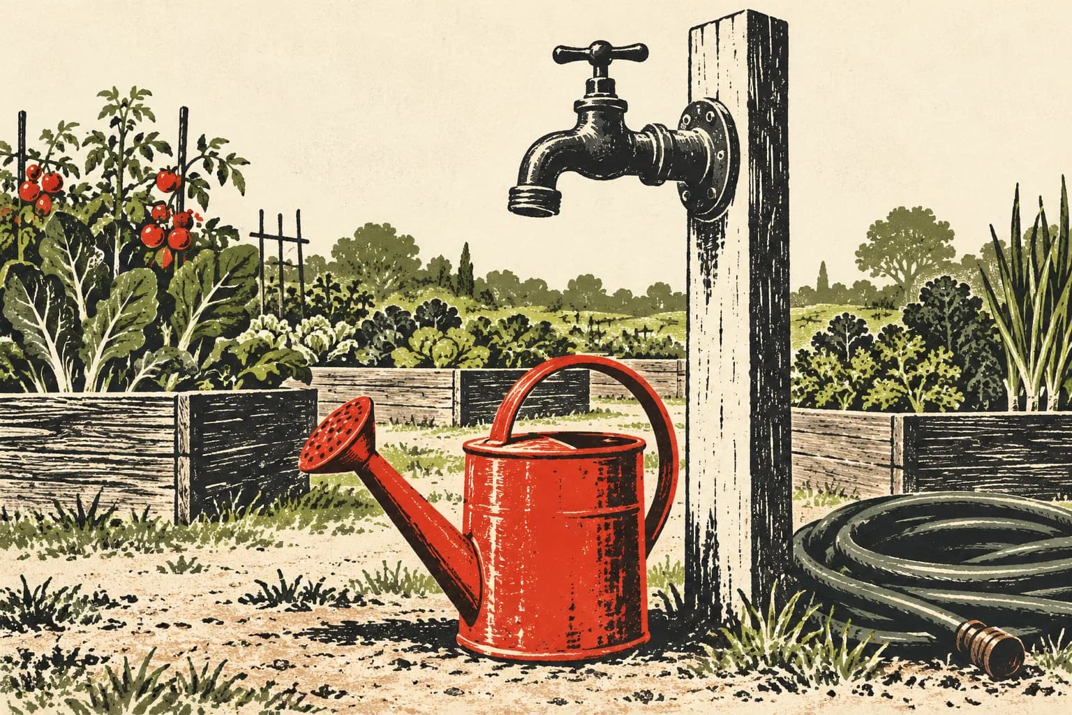 A garden tap above a red watering can with raised beds behind it in a linocut print