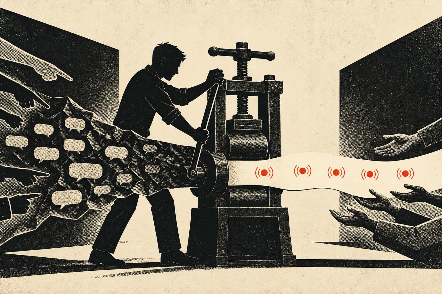 A founder presses a sheet of noisy chat shapes into one clear red signal that reaches waiting hands