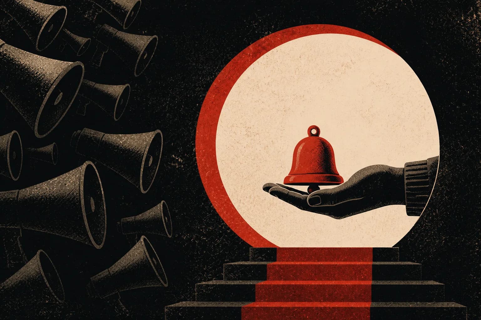 A hand holding one red bell inside a protected circle