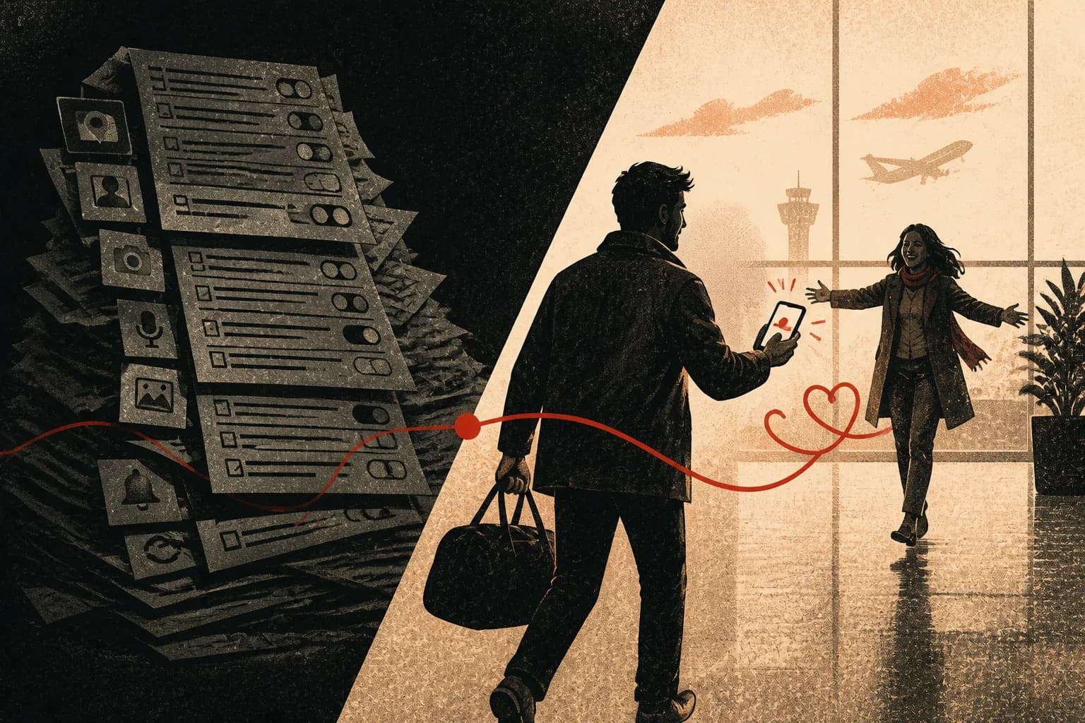 A traveler arriving through a gate as one clear invitation reaches home