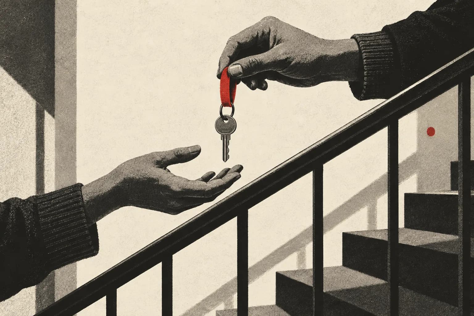 Two hands passing a key with a red fabric loop across an apartment stair railing.