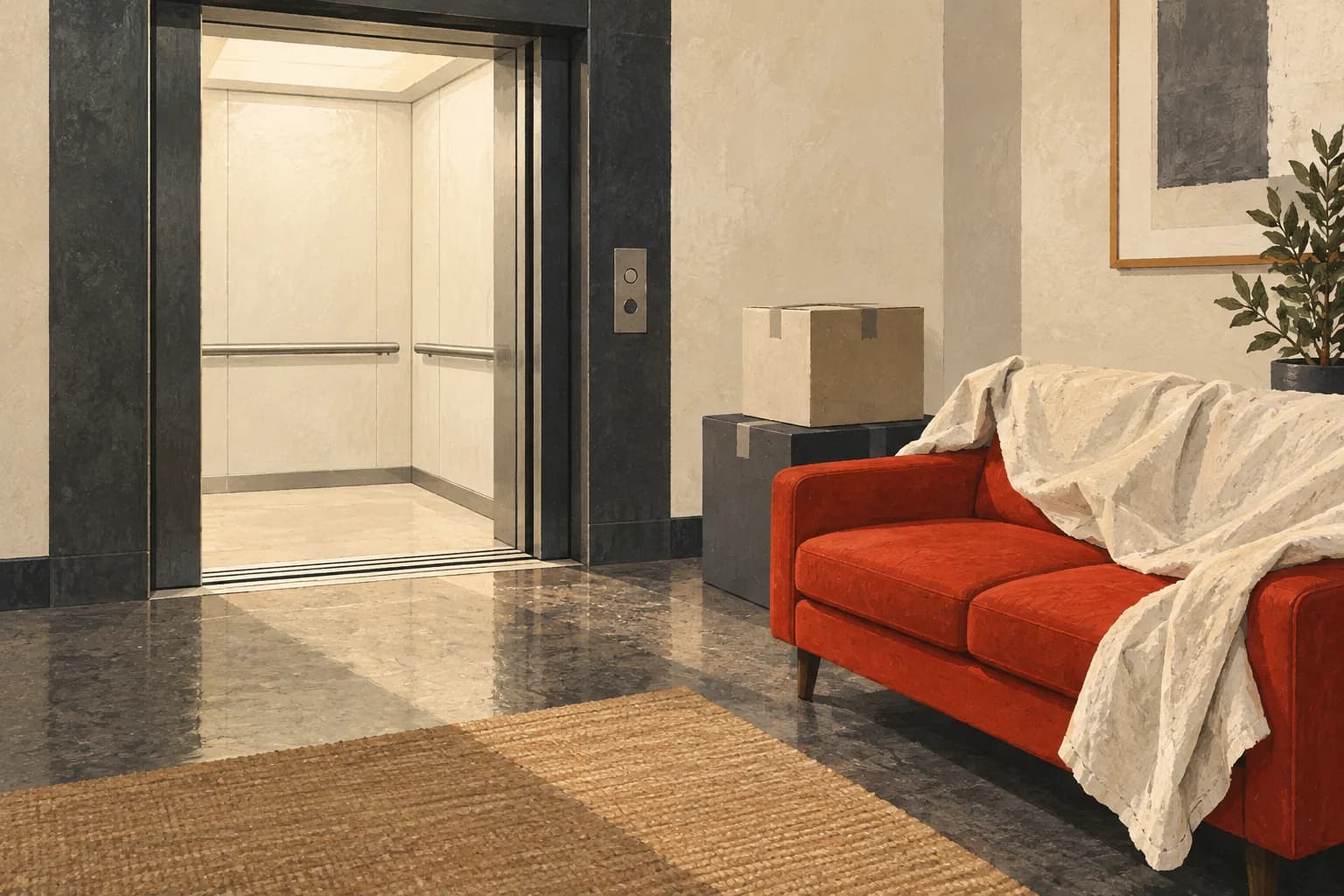 Open charcoal lift doors, stacked ivory boxes and a red sofa in a textured editorial illustration