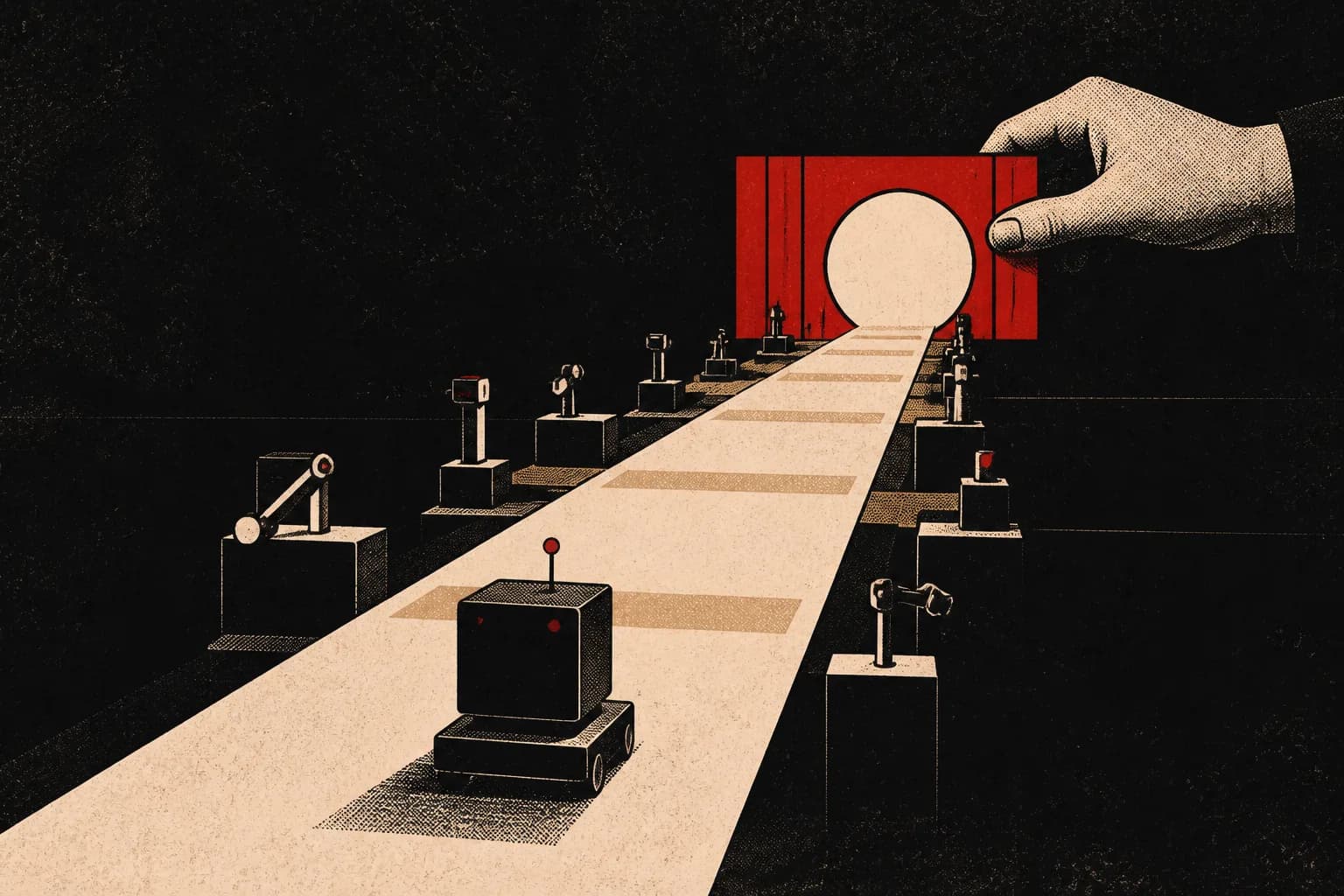 A capable machine paused before a red gate at the end of its path