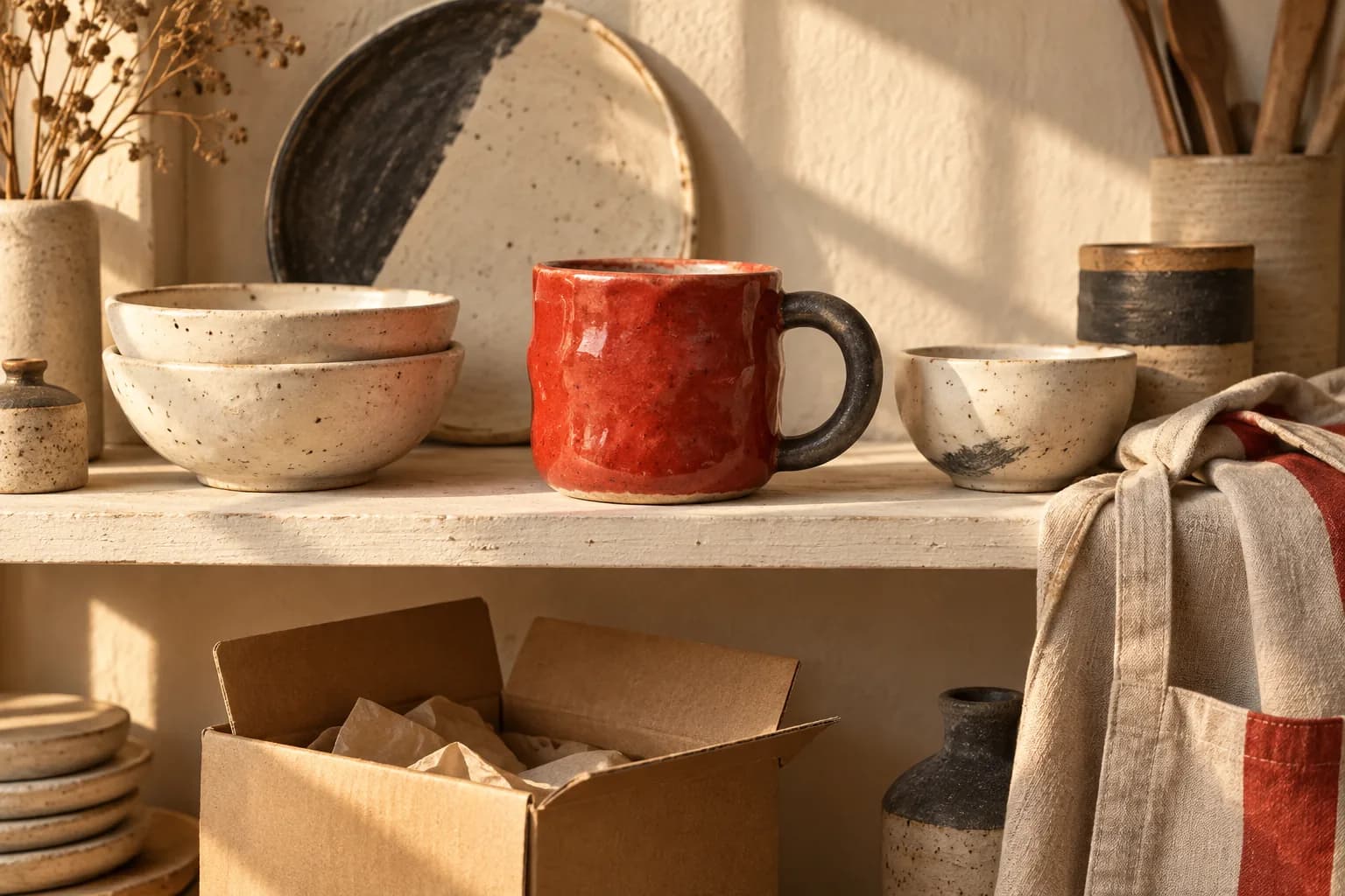 A red handmade mug and cream bowls on an ivory studio shelf above an open carrying box.