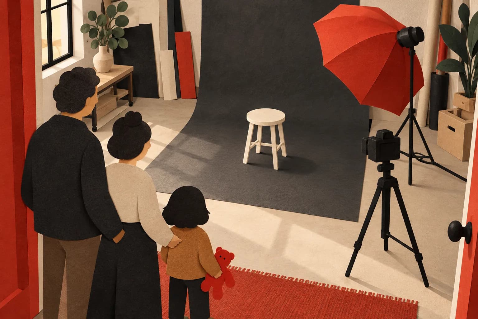 An empty portrait stool, a red photography umbrella, and three cut-paper figures waiting in a studio doorway.