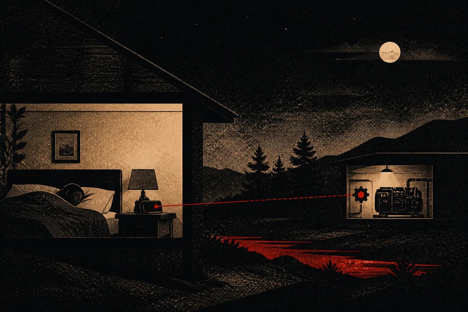 A sleeping house at night with one backup alert standing watch outside