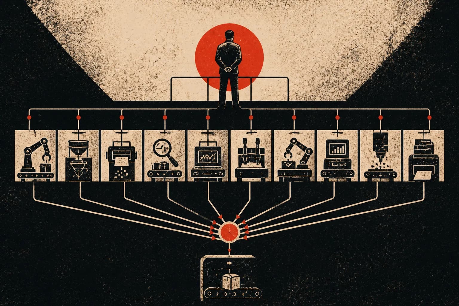 One operator directing ten abstract machine assistants toward a single red decision gate