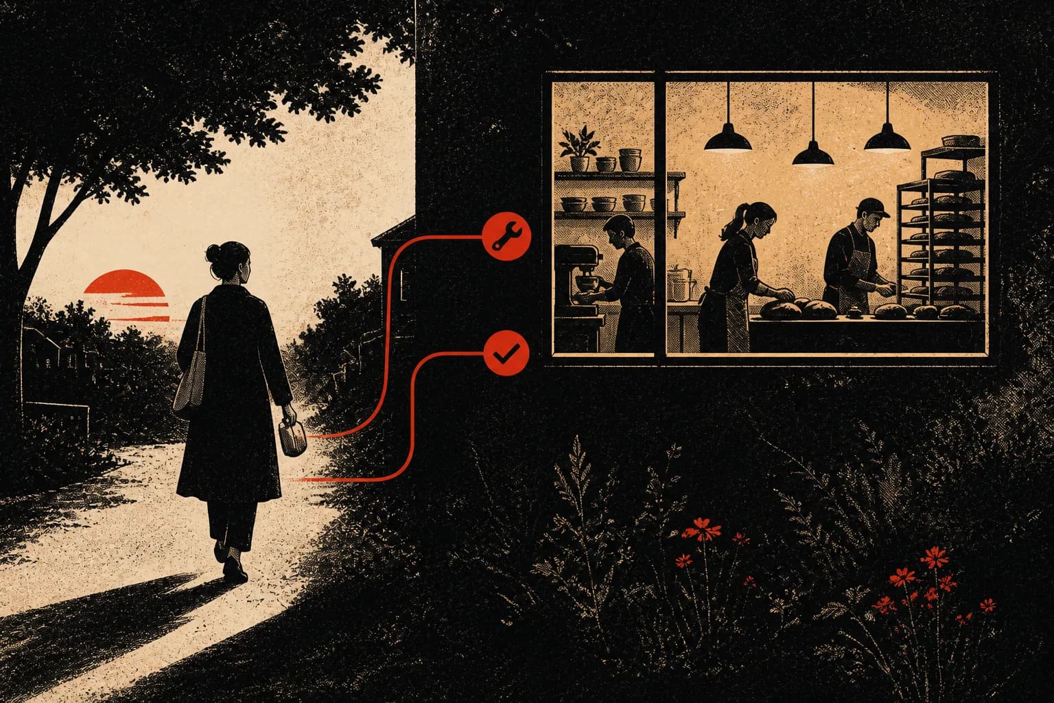 A bakery owner walking home while two small red signals remain with a trusted team in the shop