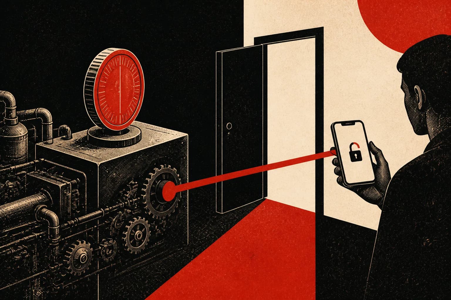 An automation machine sending a signal through an open doorway to its recipient