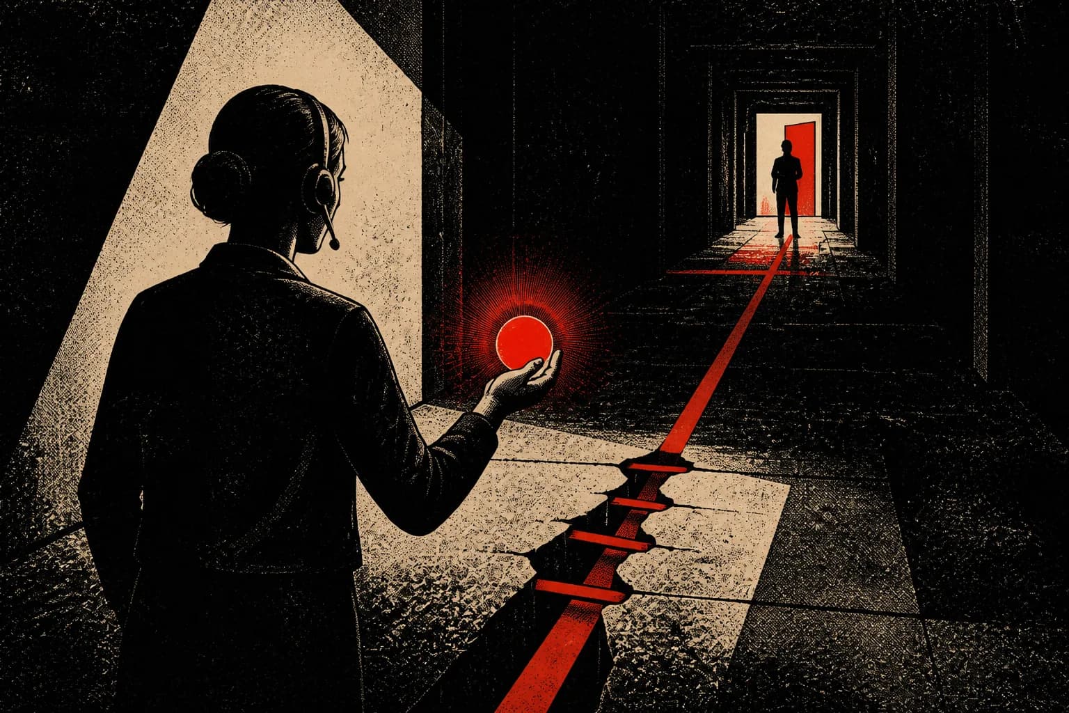A support specialist carrying a red signal through a dark midnight corridor toward a waiting recipient