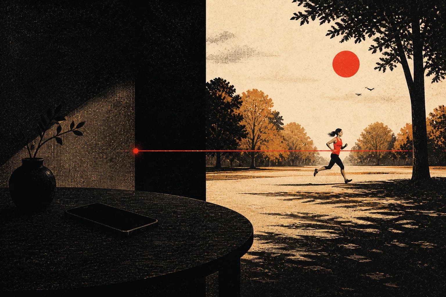 A person walking away from a quiet phone while one chosen signal waits