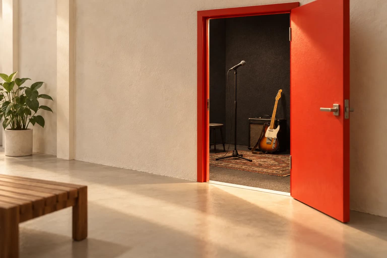 An open red rehearsal-room door revealing a microphone, guitar and amplifier