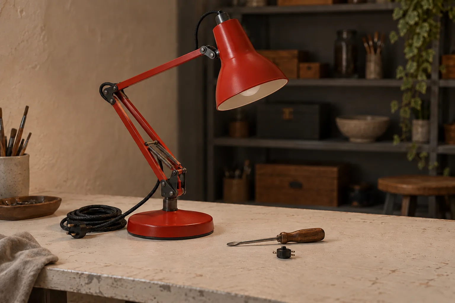 A repaired red desk lamp with a screwdriver on a warm ivory workbench