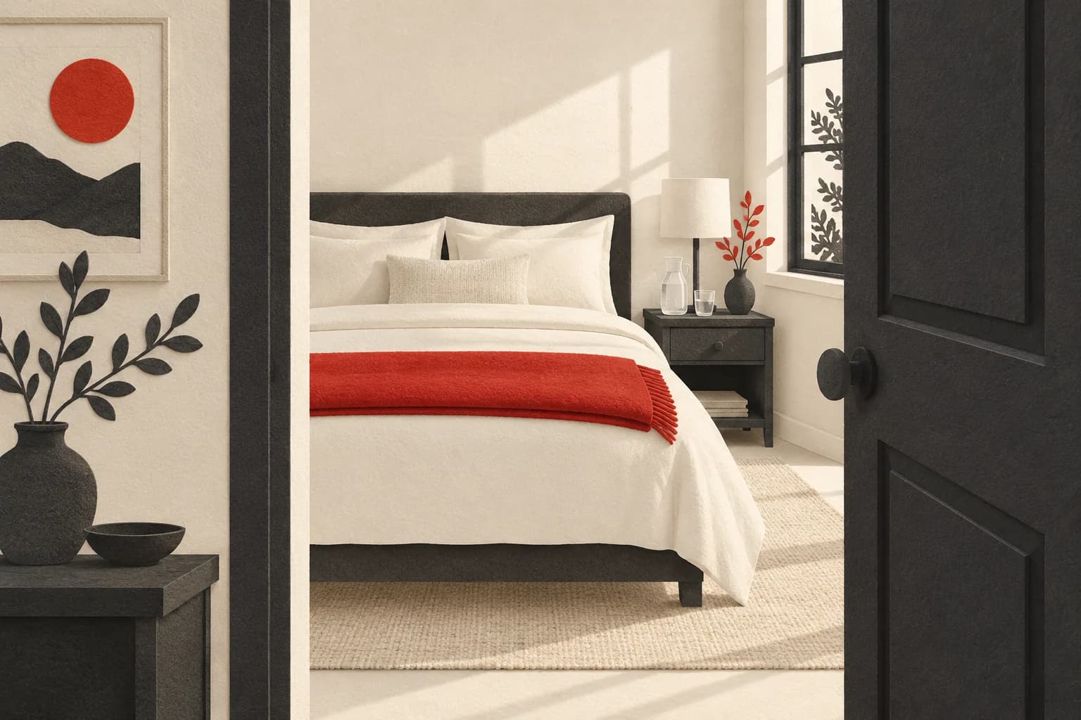 An ivory guest bed with a folded red blanket, bedside water jug, and open doorway.