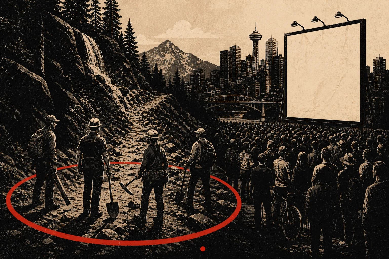 A small trail crew with tools inside one red signal circle while a distant citywide crowd remains outside