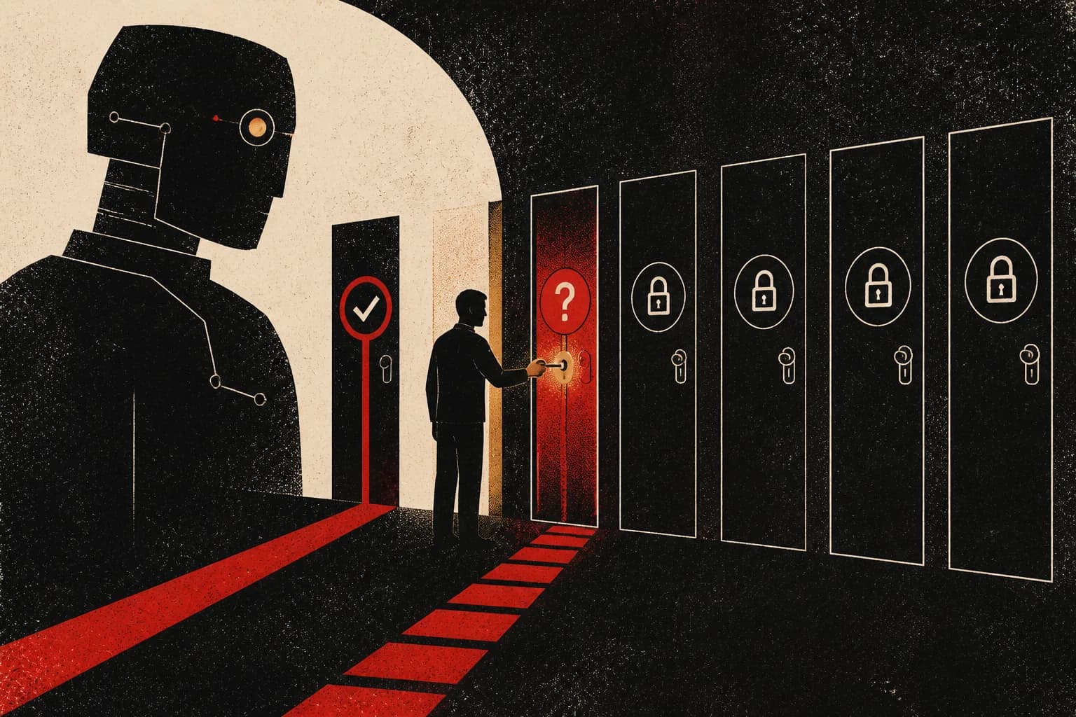 A user opening a second narrow red path for an agent while every other doorway remains closed